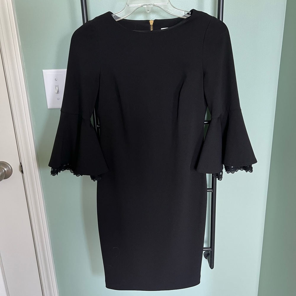 Calvin Klein Black Fitted Dress with bell sleeve detail